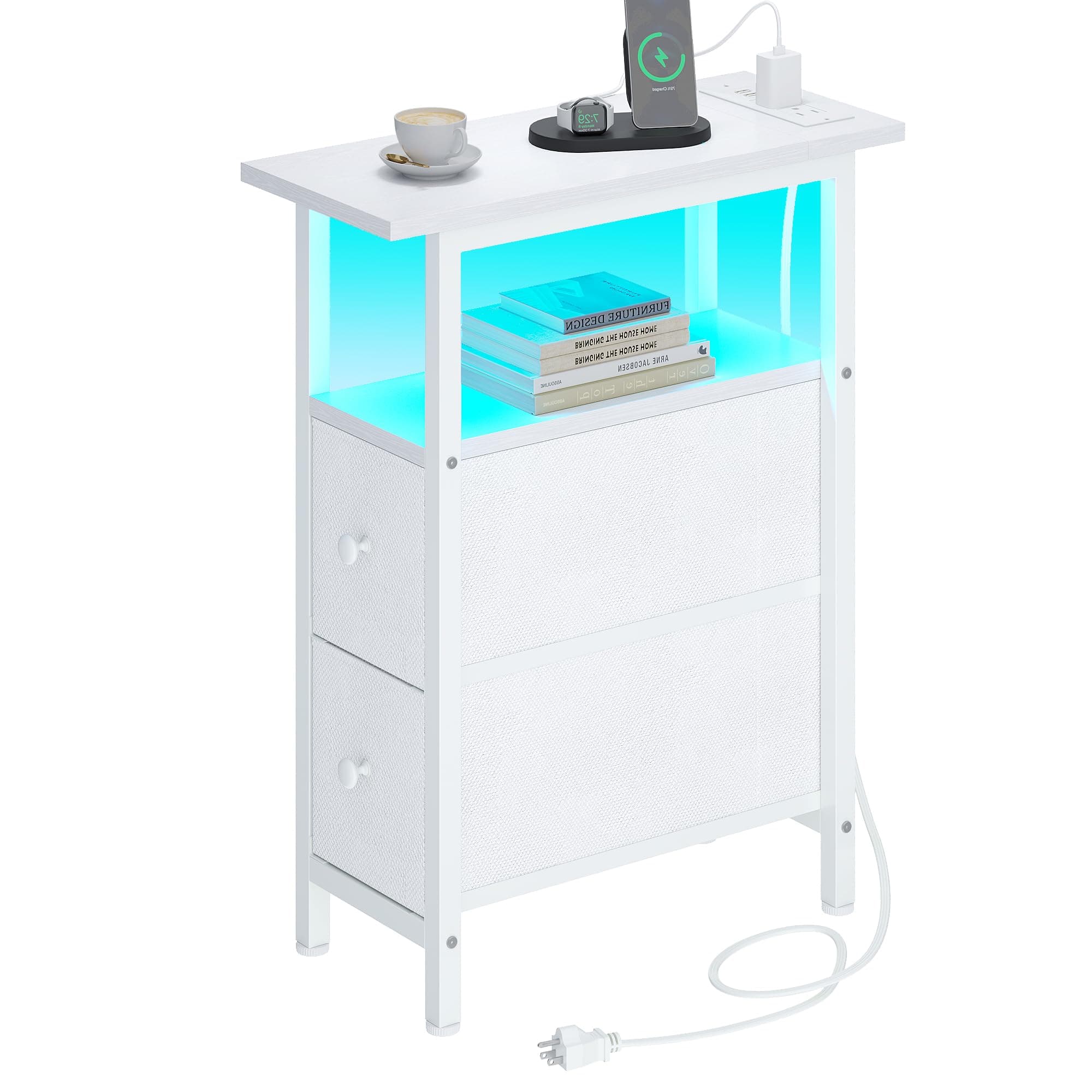 TRIFEBLE Narrow End Table w/ Charging Station, LED Light, 2 Drawers, 2 Shelves - Image 1