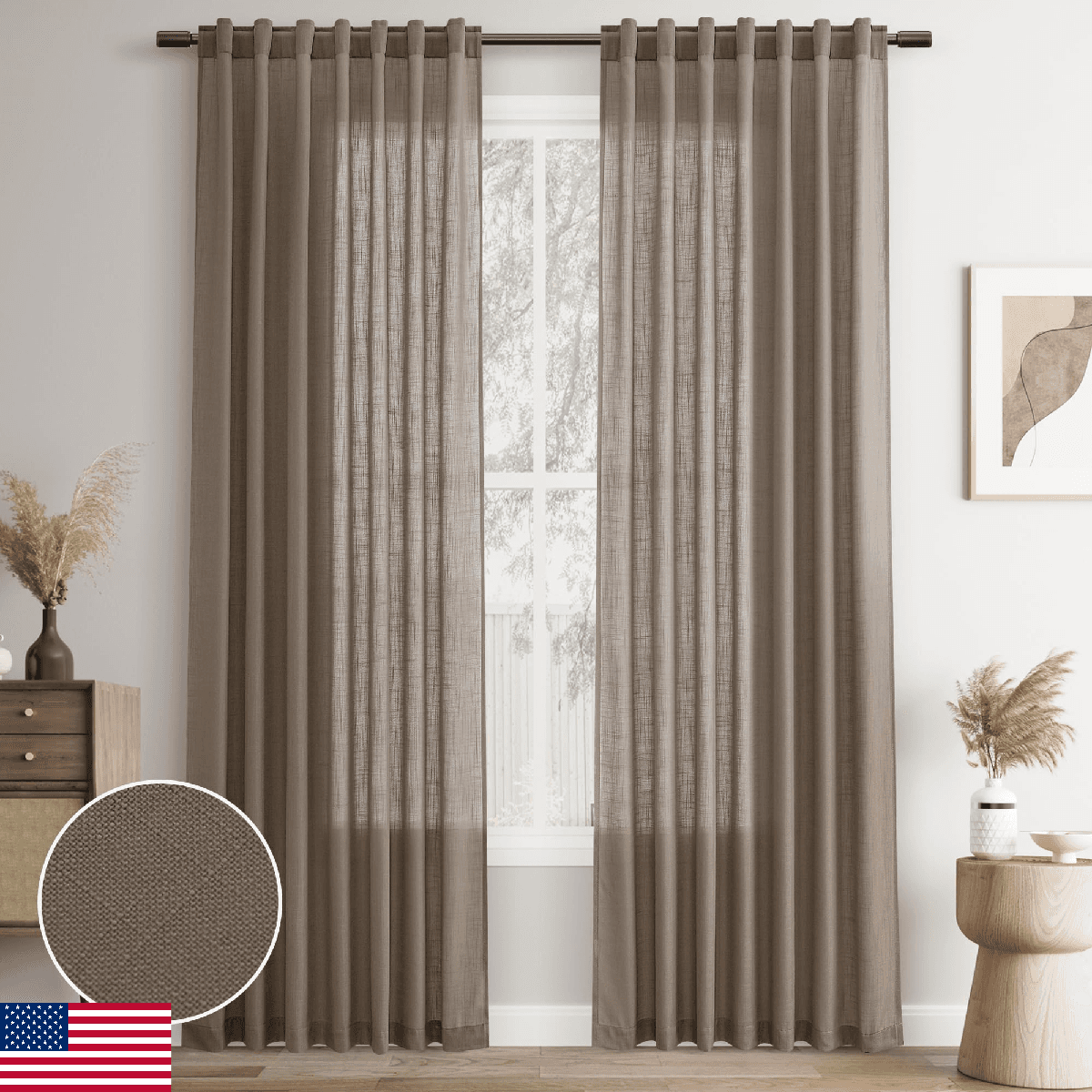 Joywell Dark Camel Back Tab Rod Pocket Linen Curtains 96 Inches Long 2 Panels fo - Image 1