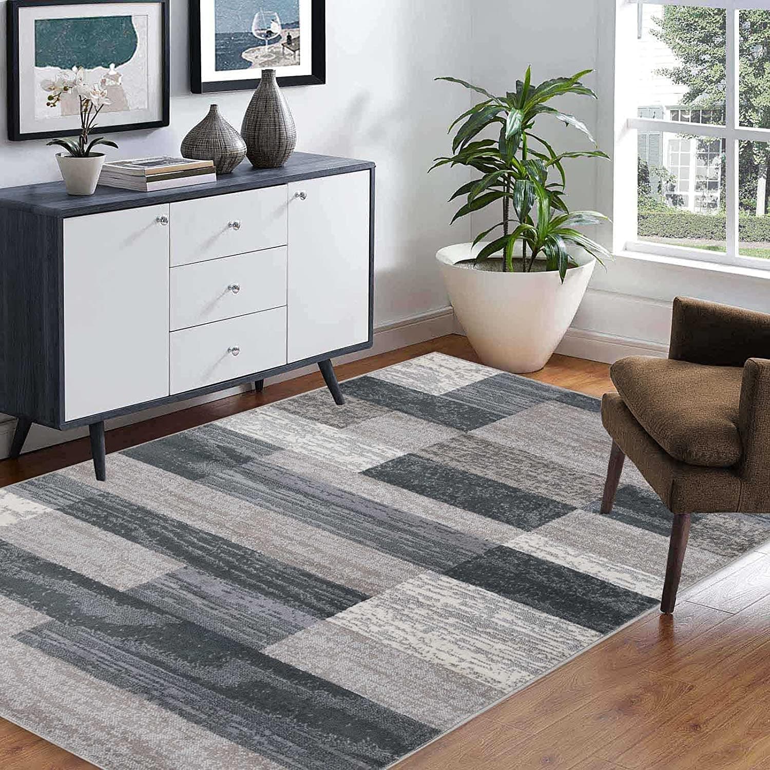 Superior Rockwood Geometric Jute Area Rug, 3x5, Blue-Taupe, Modern Patchwork - Image 1