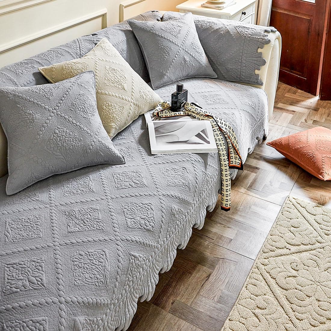 VCTOPS Neutral Cotton Quilted Sofa Cover Floral Non-Slip Sectional Slipcover Pad - Image 1