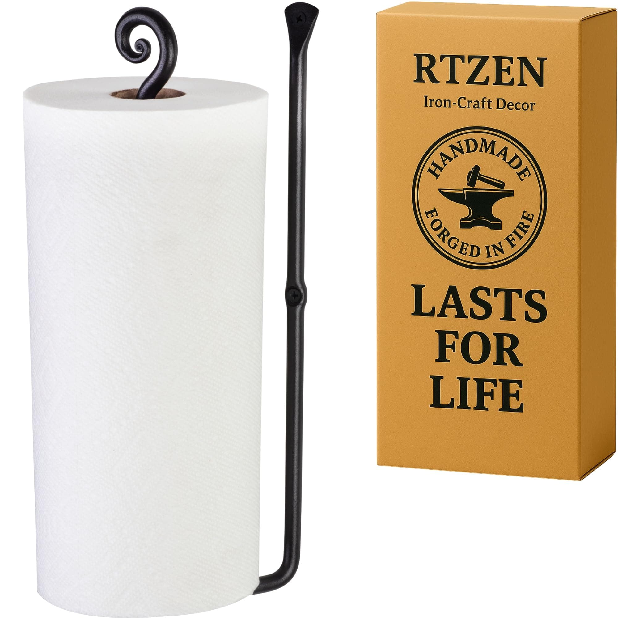 RTZEN Vertical Black Paper Towel Holder - Handcrafted Rustic Metal Decorative Wr - Image 1