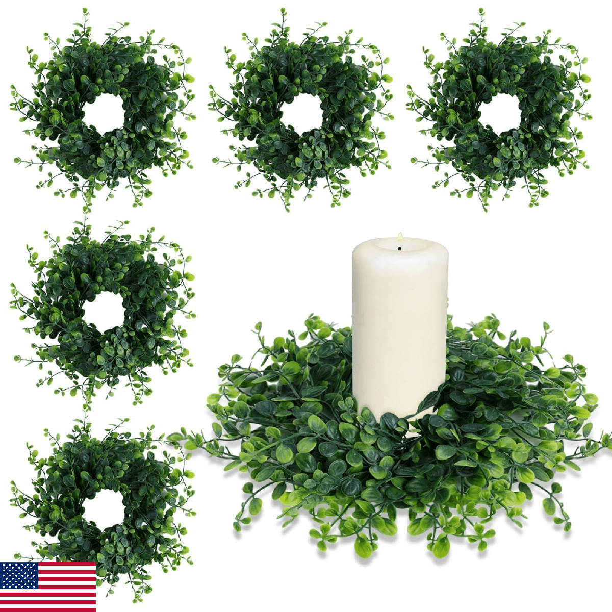 Mini Green Boxwood Candle Rings Wreaths - 6 Pack, 3.15" Inner, Spring/Summer Dec - Image 1