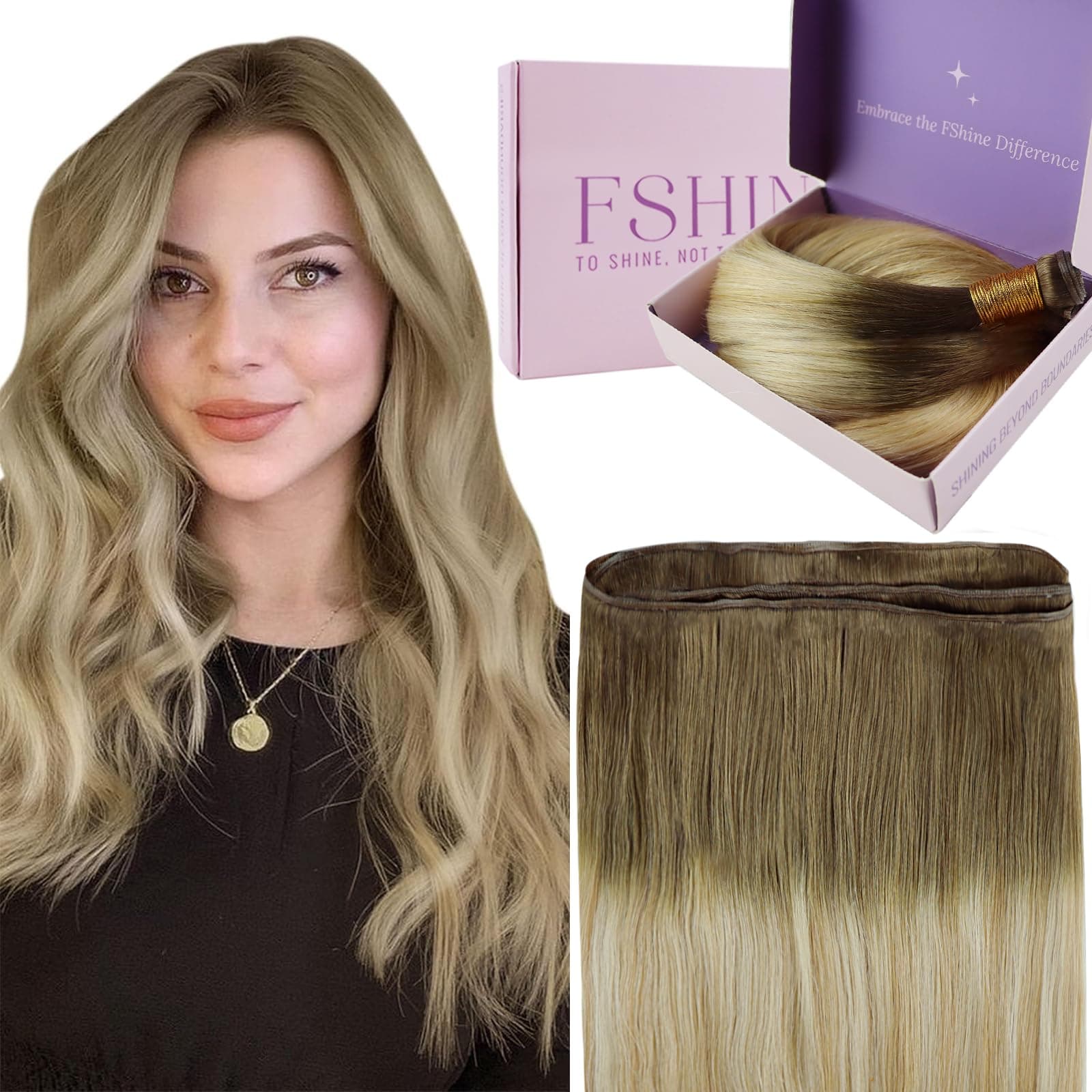 Fshine Hand Tied Genius Weft Hair Extensions Chestnut Brown Honey Blonde Platinu - Image 1
