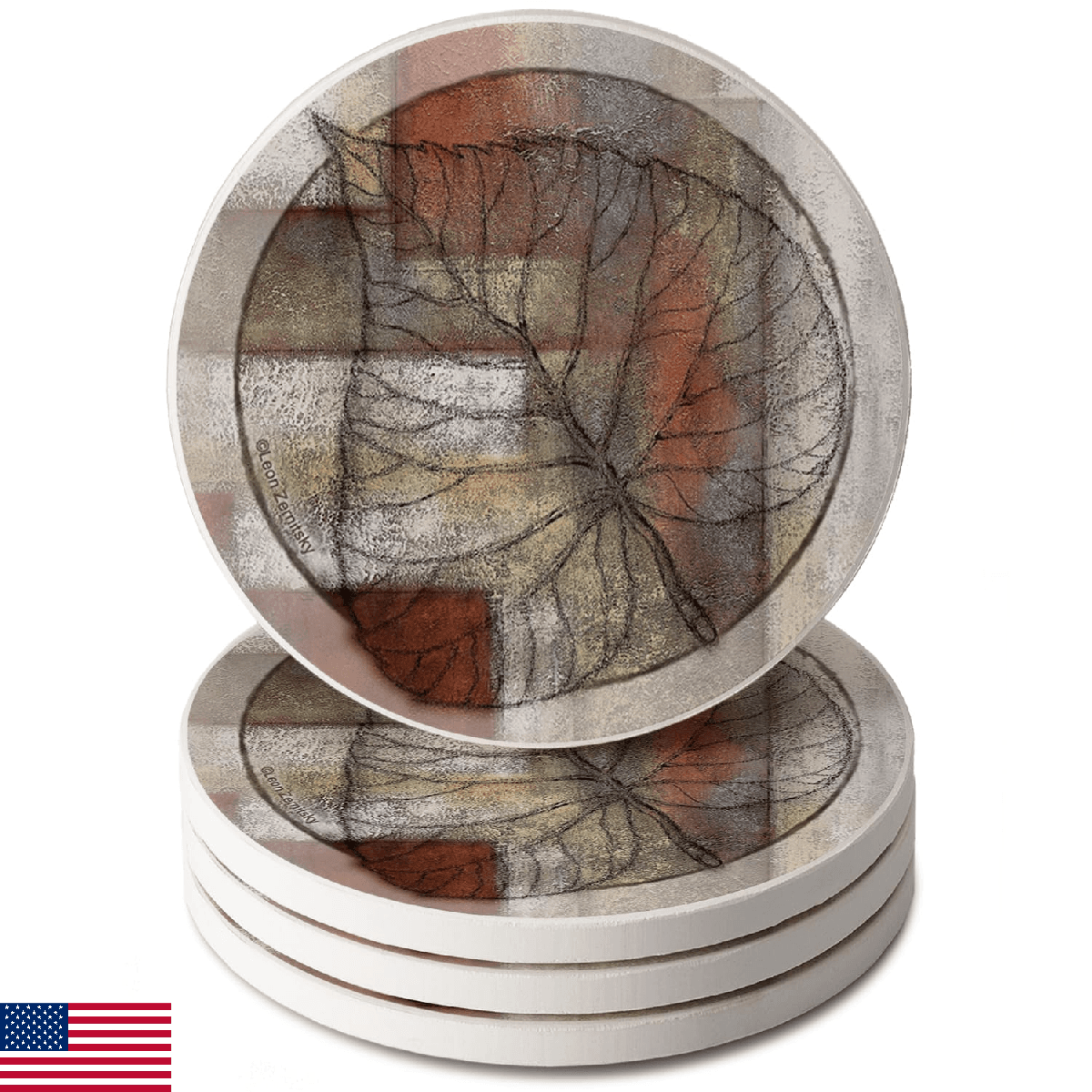 Thirstystone Leaf Whisper II 4 Pack Round Absorbent Stone Coasters with Protecti - Image 1