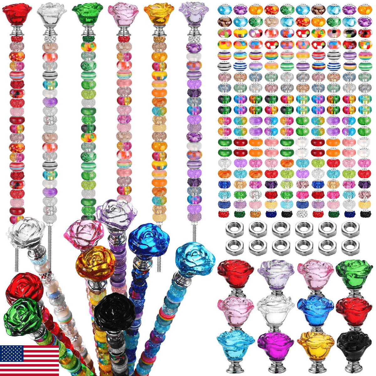 Tigeen 236 Pcs Garden Stake DIY Fairy Wand Kit 12 Colorful Crystal Rose Tops - Image 1