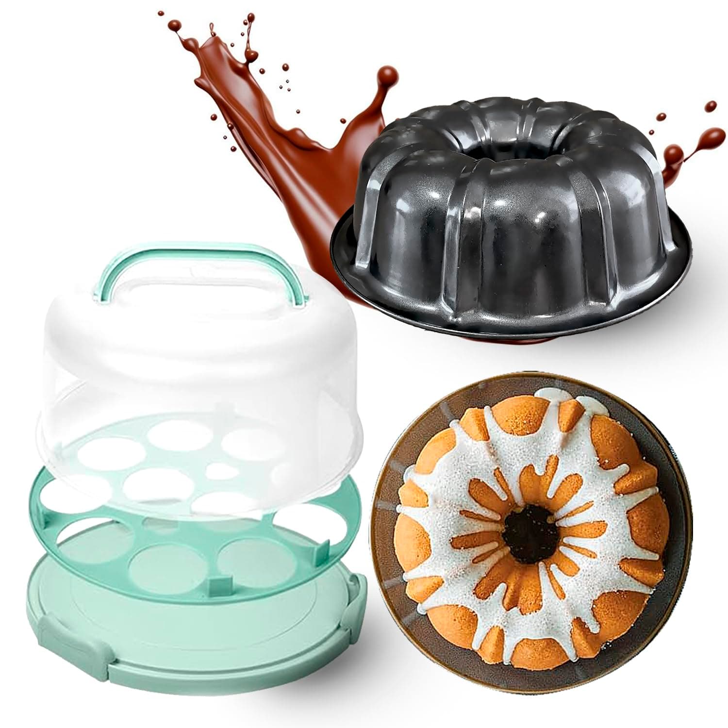 CREACAKE 10 inch Bundte Cake Pan Nonstick with 12in Cake Carrier for Easy Transp - Image 1