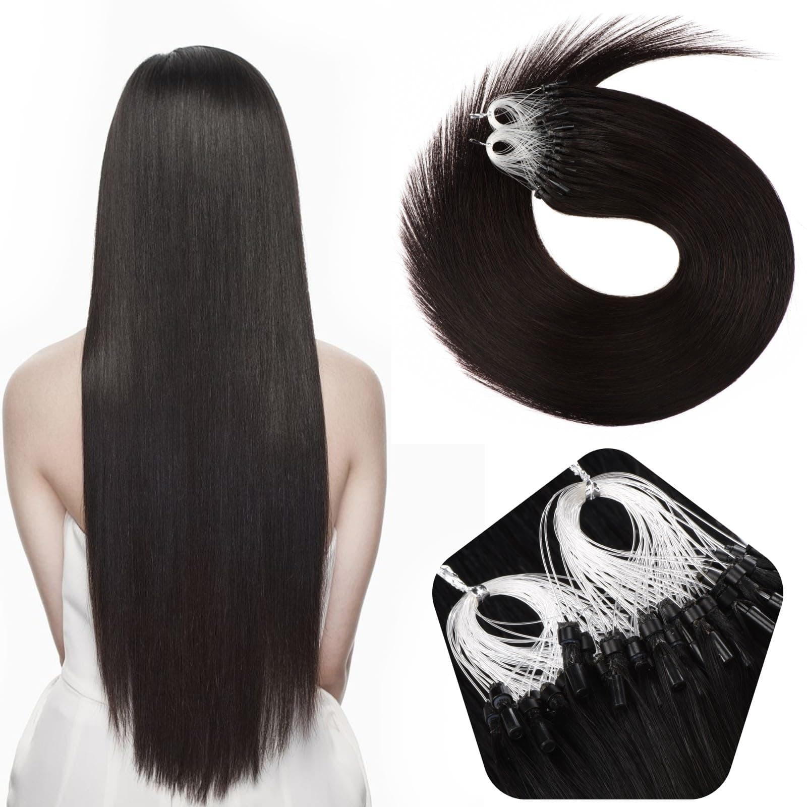 Jinyisong Micro Loop Human Hair Extensions #1b Natural Black 1g/strand - Image 1