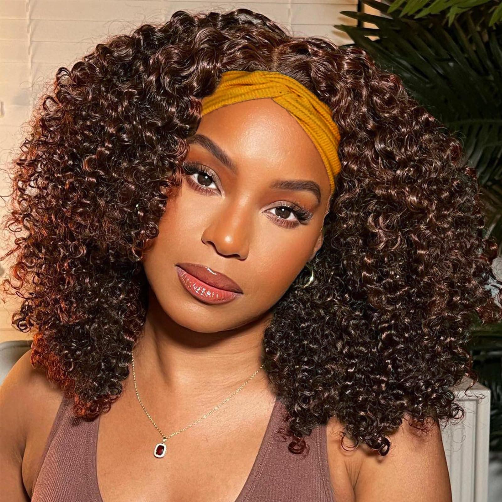 Short Curly Headband Human Hair Wig for Black Women, Color #4 Glueless Kinky - Image 1