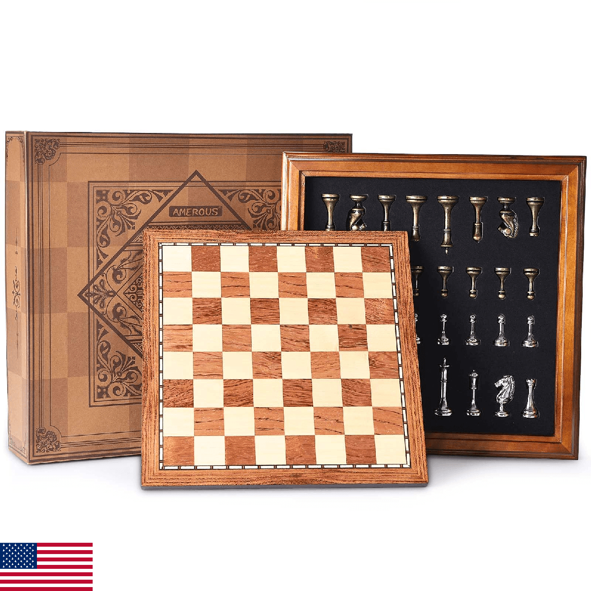 AMEROUS 12.5" Wooden Chess Board Set w/ Metal Pieces Storage for Adults Kids - Image 1