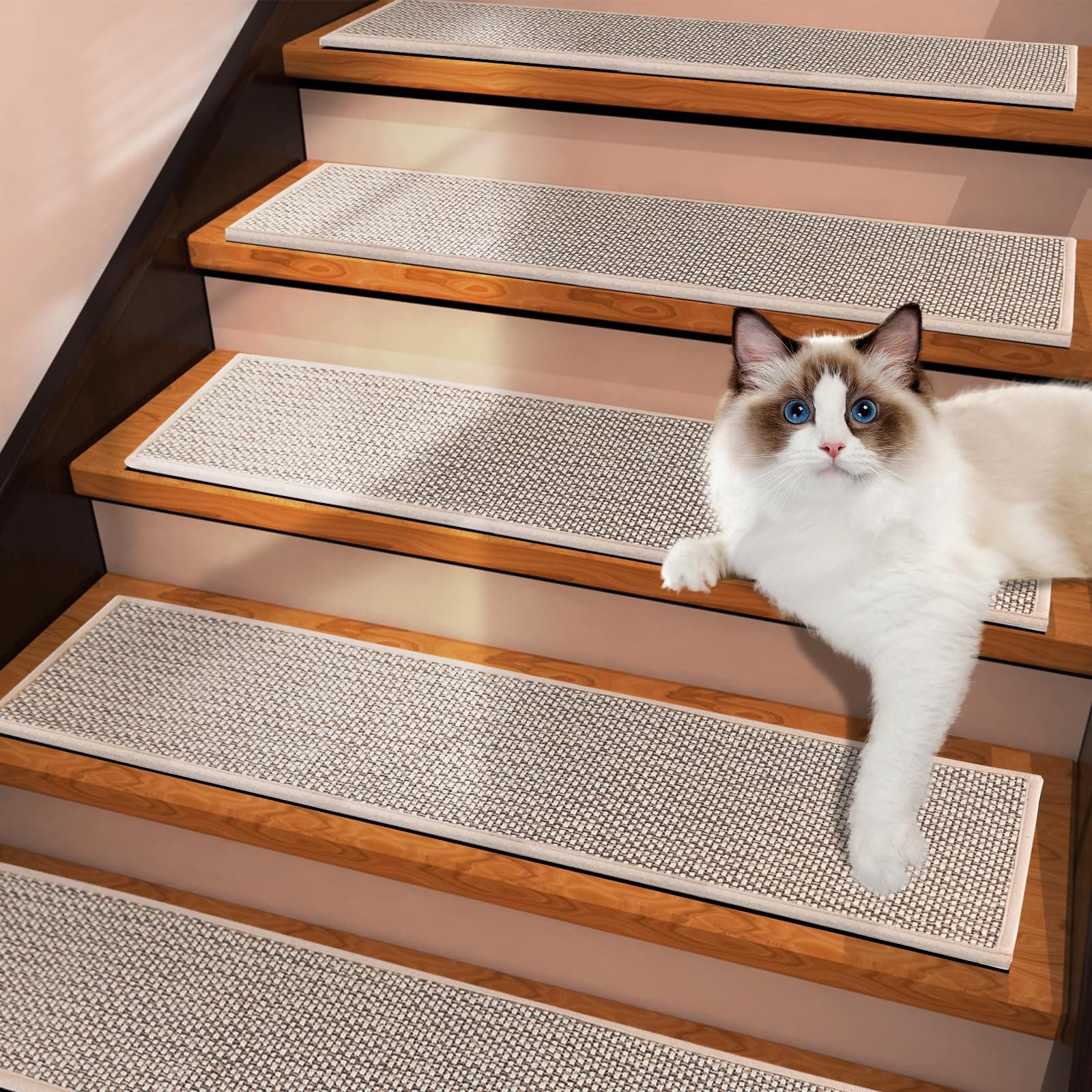 Demiwise 7 Pack Non-Slip Stair Treads 8x30 Beige Reusable Adhesive Rubber - Image 1