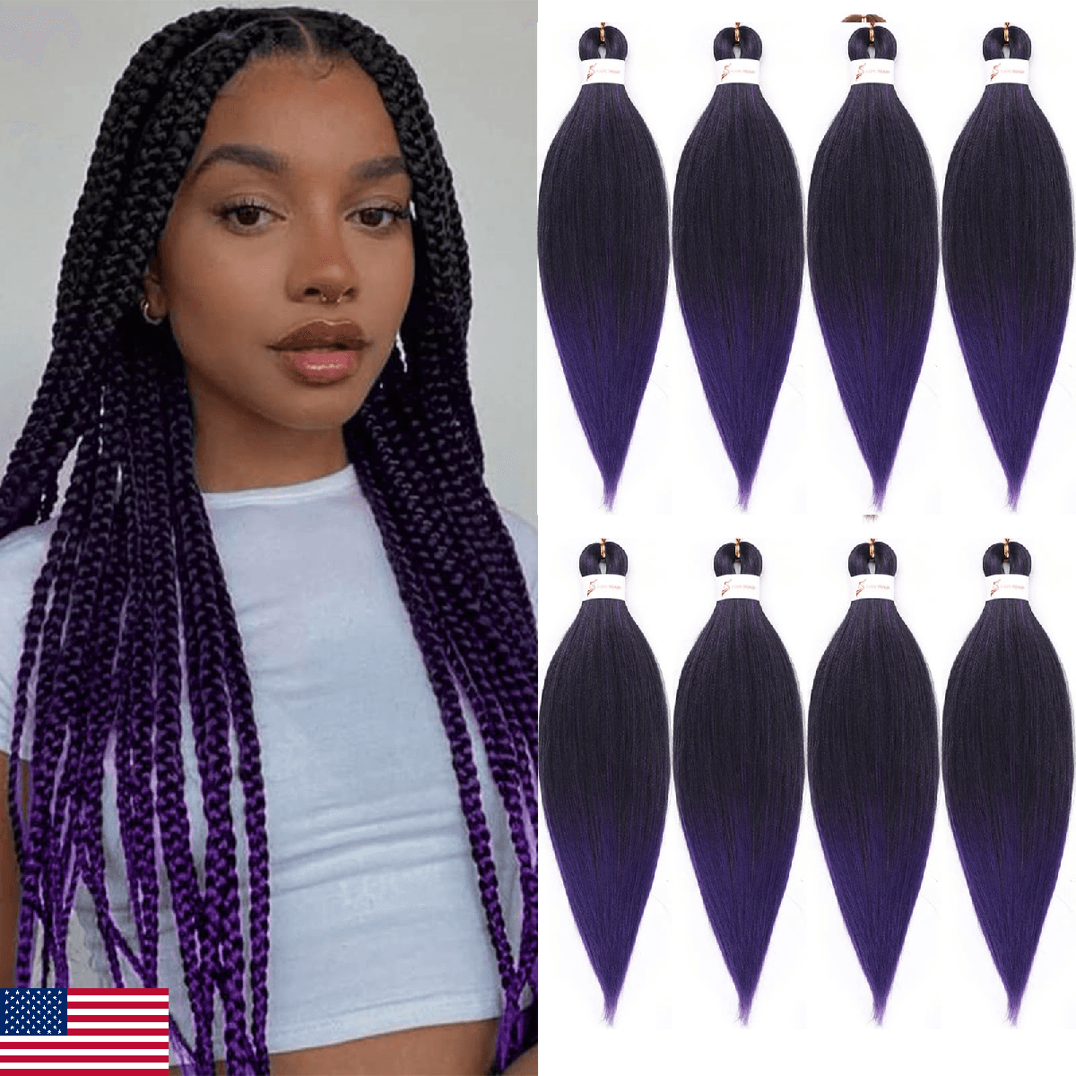 8 Packs Ombre Purple Braiding Hair 18" Pre Stretched Yaki Synthetic - Image 1