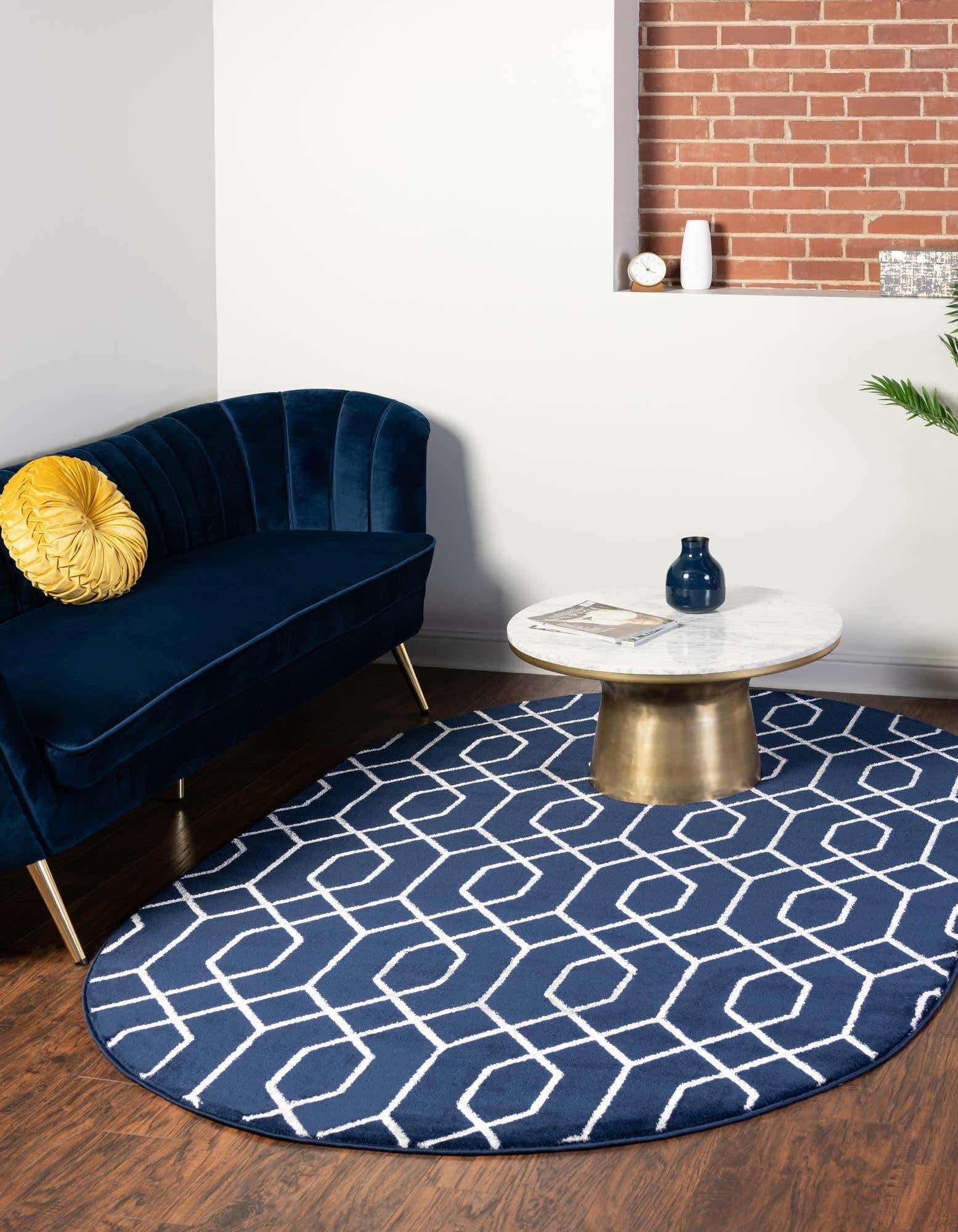 Unique Loom Glam Trellis Area Rug Navy Blue Silver 4'1"x6'1" Oval - Image 1