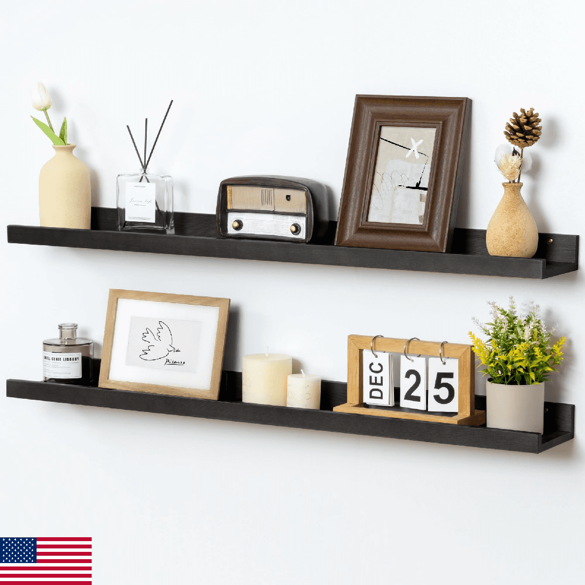 36" 2-Pack Solid Pine Wood Picture Ledge Shelf Wall Mounted Nursery Book Shelves - Image 1
