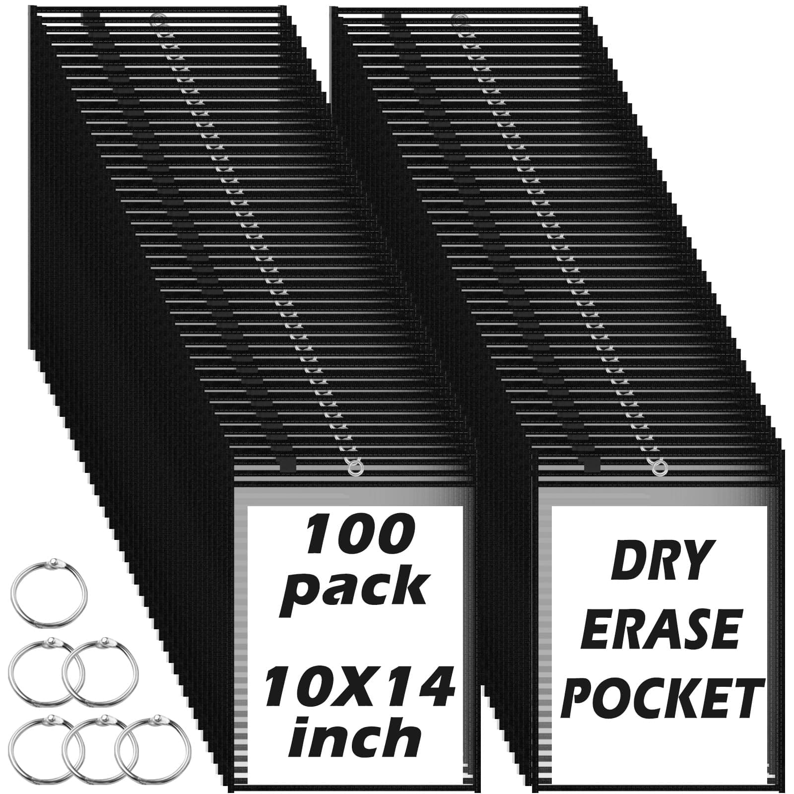 100 Bulk Oversized Reusable Dry Erase Pockets Sleeves w/ Rings - Image 1