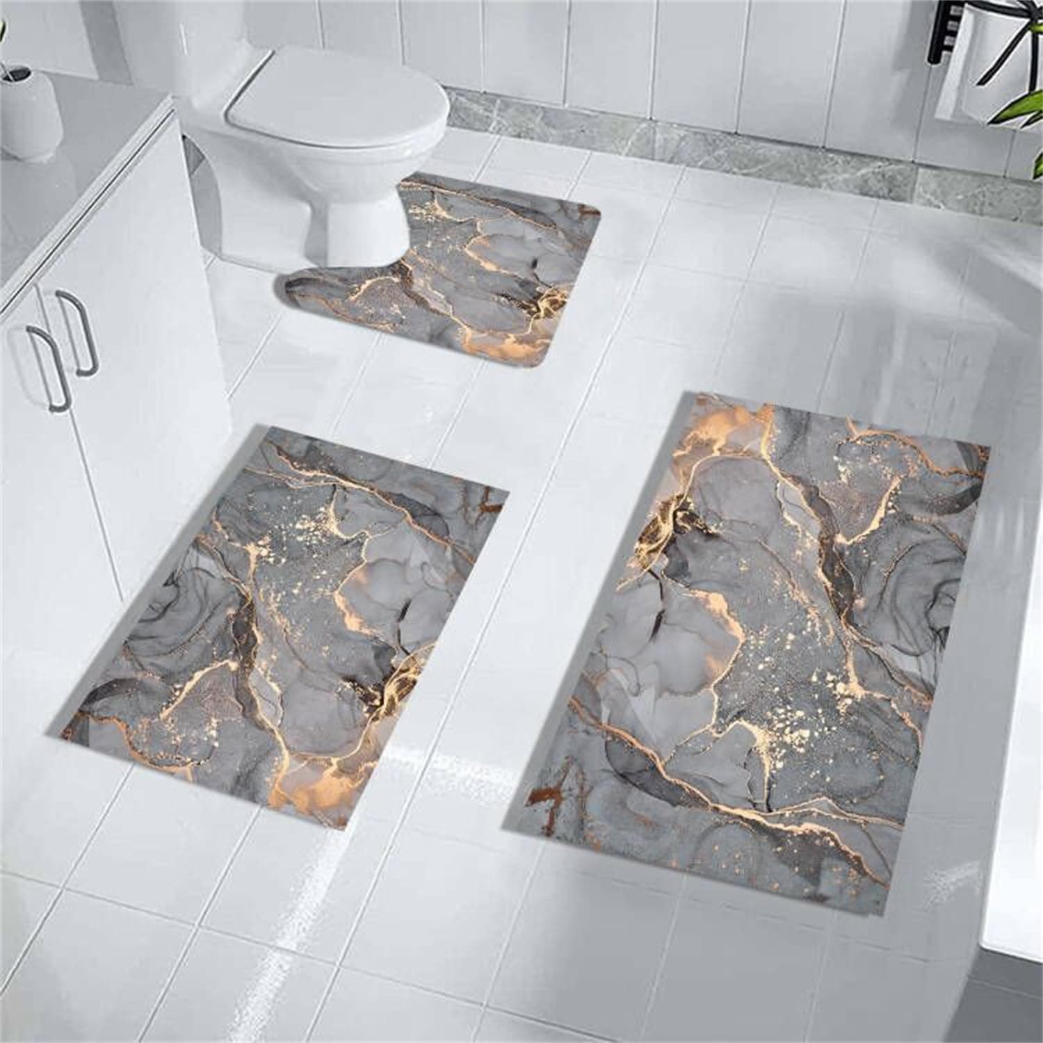 Grey Gold Marble 3 PC Bathroom Rug Set - Abstract Quick Dry Bath Mat - Image 1