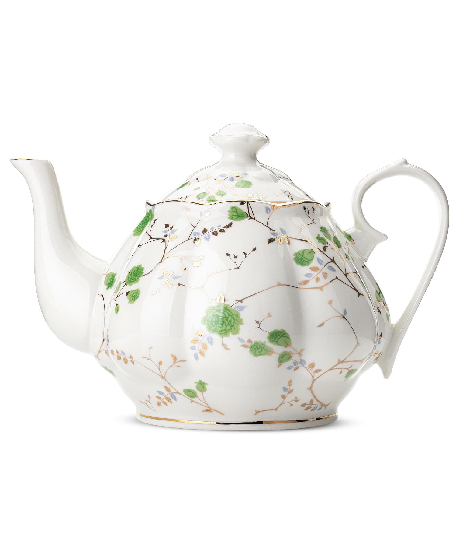 BTaT Floral Teapot, 38 oz, White w/Green Roses & Gold Trim, Porcelain - Image 1
