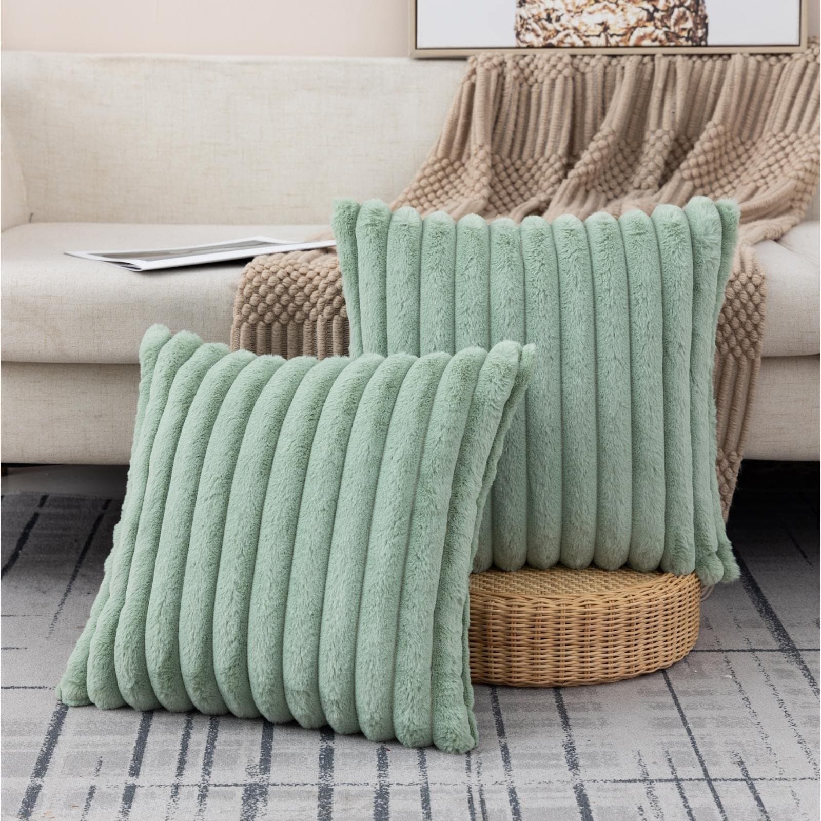ZLINA 2-Pack Light Green Faux Fur Throw Pillow Covers Fluffy Stripe Soft - Image 1