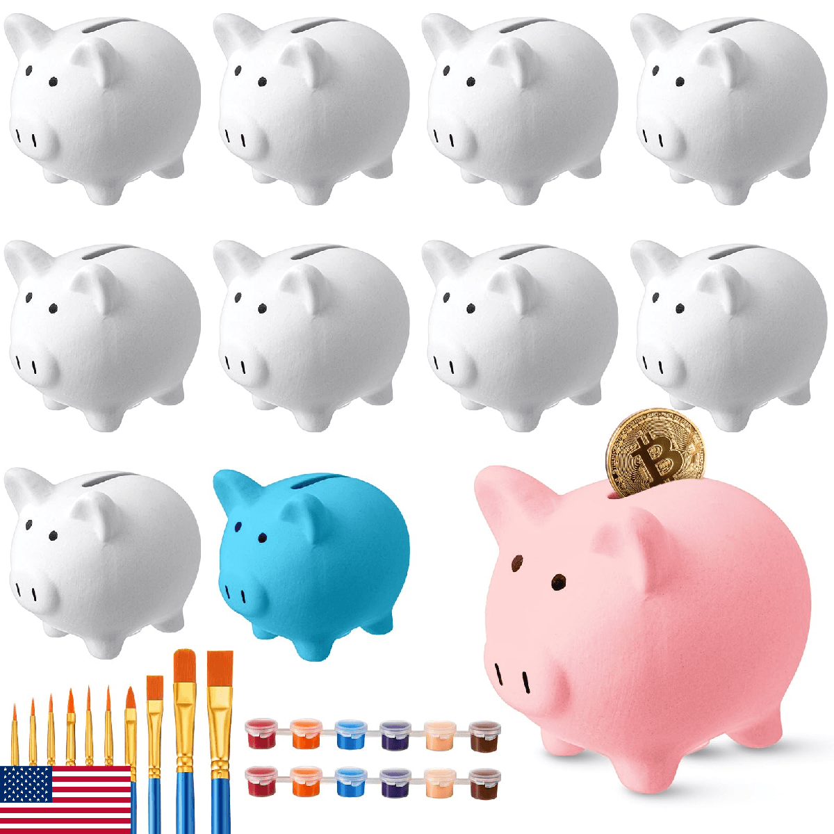 Skybooly 12 DIY Ceramic Piggy Banks w/ Paint & Brushes - Xmas Gift Unglazed Whit - Image 1