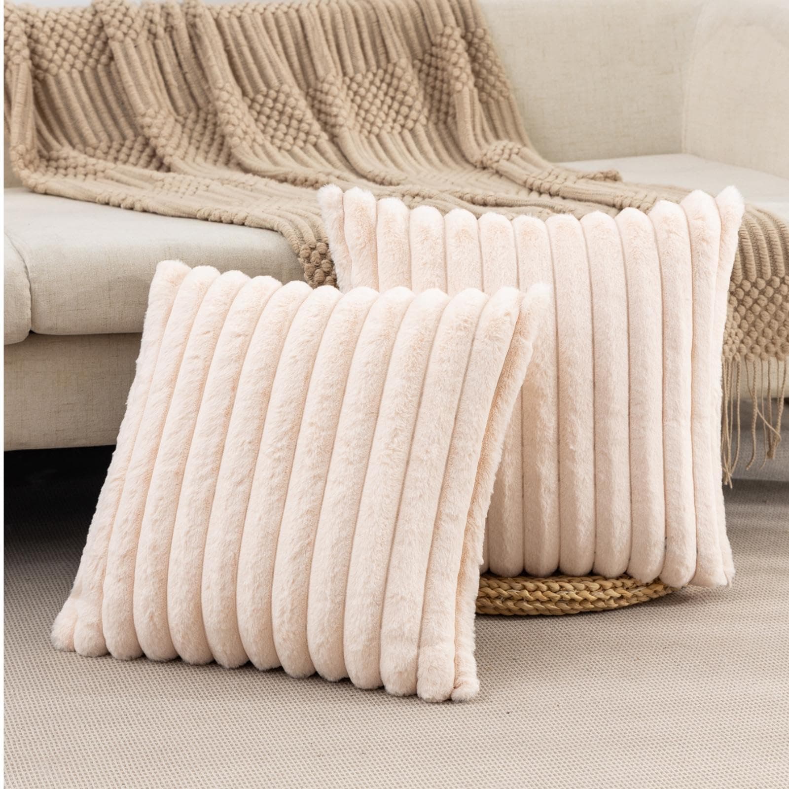 ZLINA 2-Pack Beige Faux Fur Throw Pillow Covers Fluffy Striped Decor - Image 1