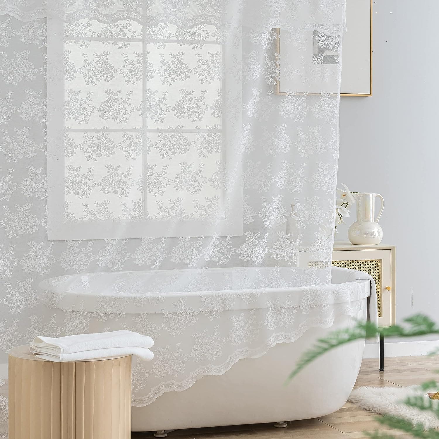 TUDECO White Lace Shower Curtain, Extra Long 84 Inch w/Attached Valance - Image 1