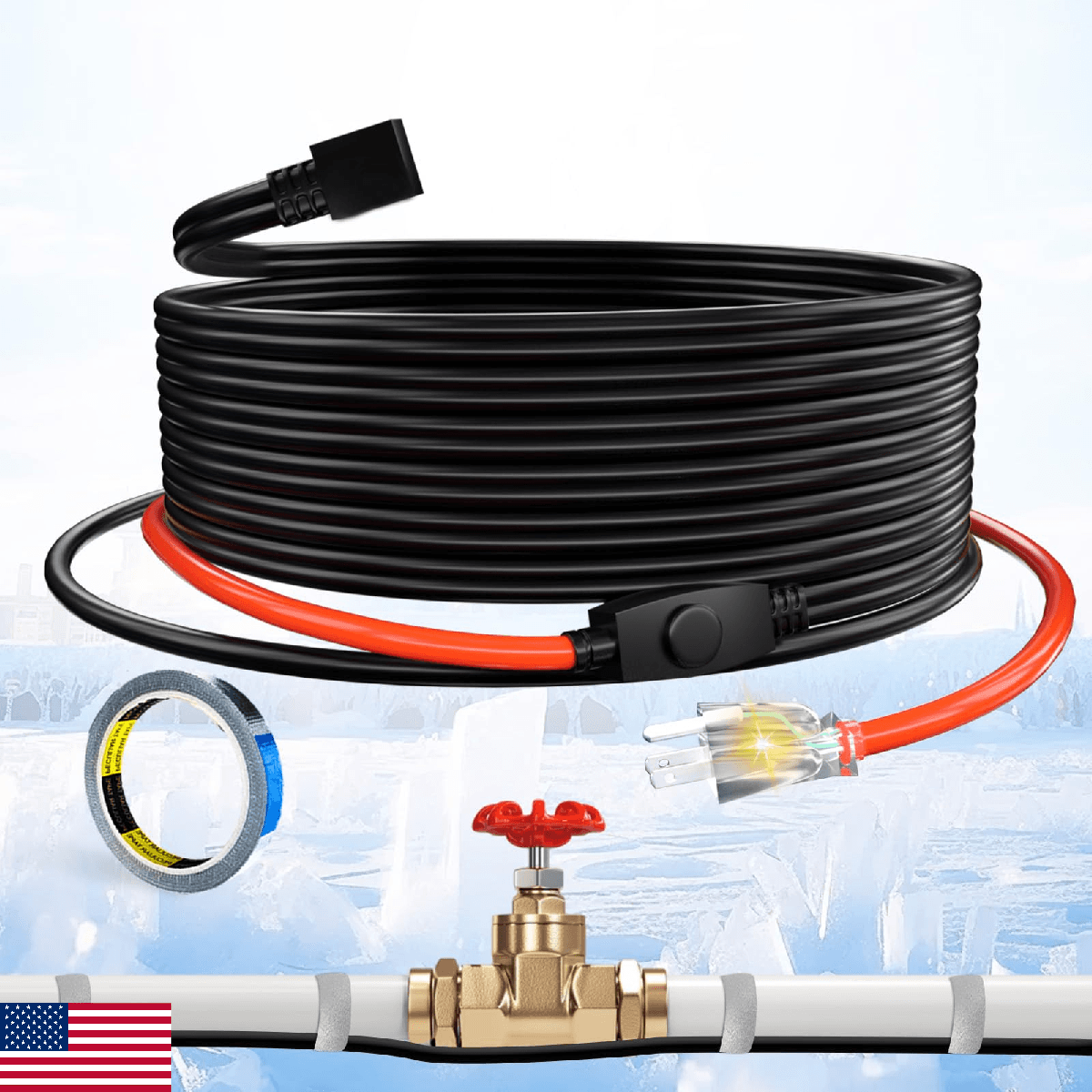 TOPDURE 30ft 120V Water Pipe Heat Cable Freeze Protection w/ Thermostat ETL Cert - Image 1