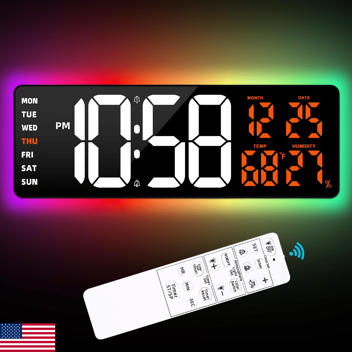 Large Digital Wall Mount Clock 17.3" Led Large Display with Jumbo Number, 8 Colo - Image 1