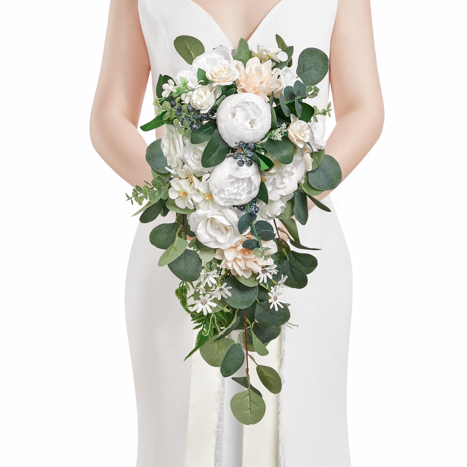 Serwalin White Peony Wedding Bouquet for Bride Bridesmaid 9.8 Inch - Image 1