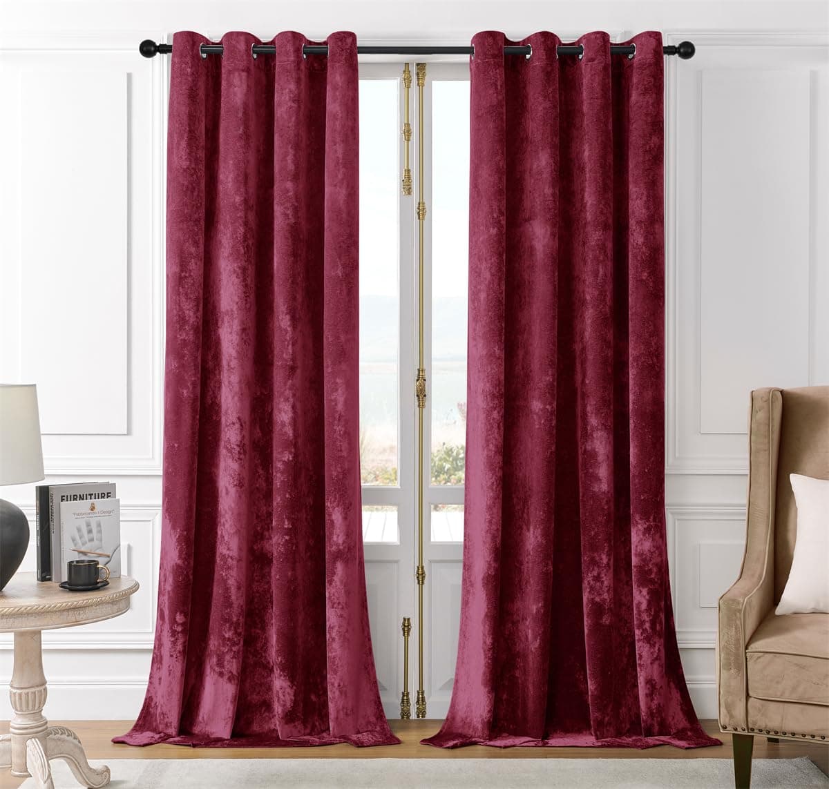 SMILETIME Burgundy Red Crushed Velvet Grommet Curtains 52x90 inch Luxurious Ther - Image 1