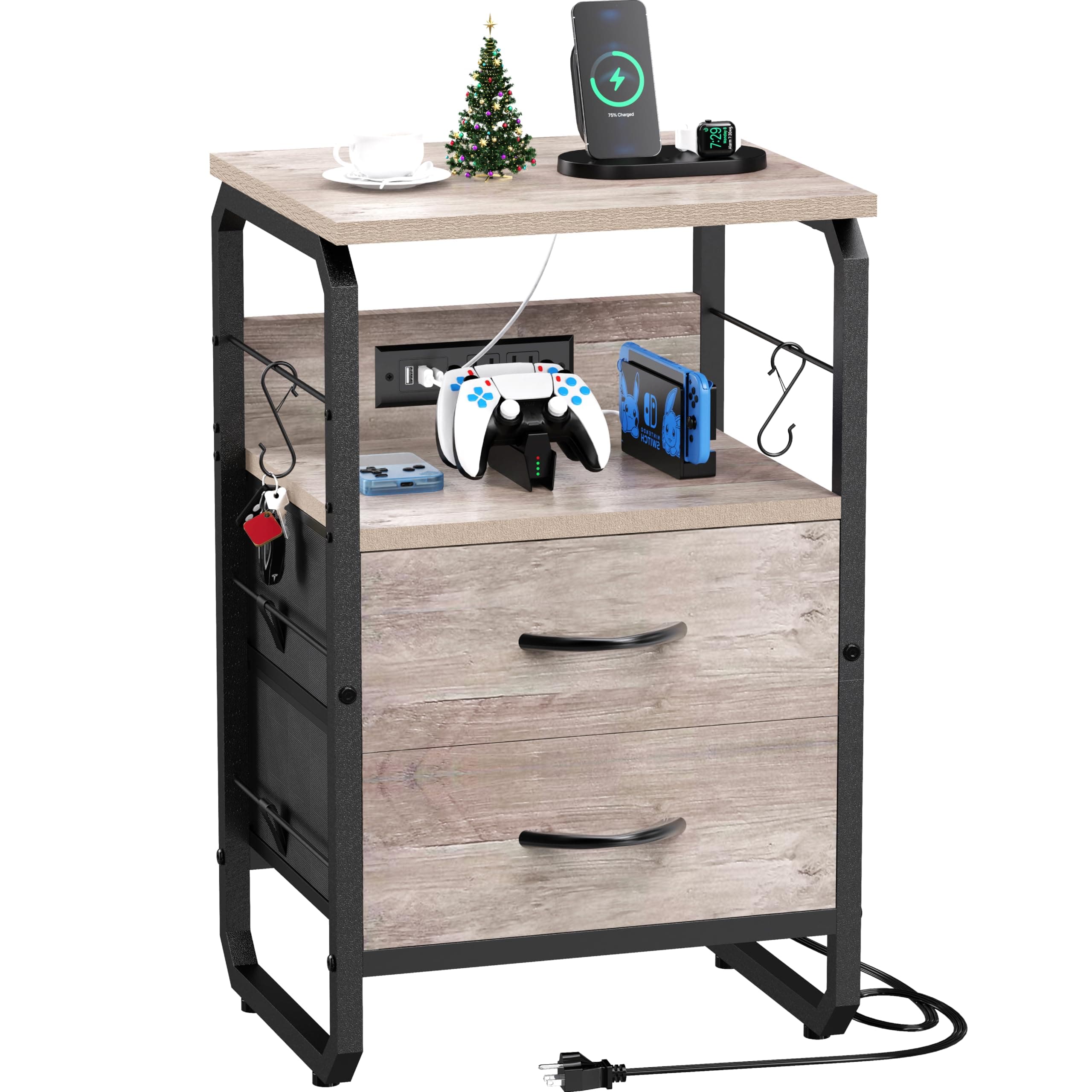 runjuly Nightstand with Drawers, Storage, Charging Station - Type C, USB, AC Out - Image 1