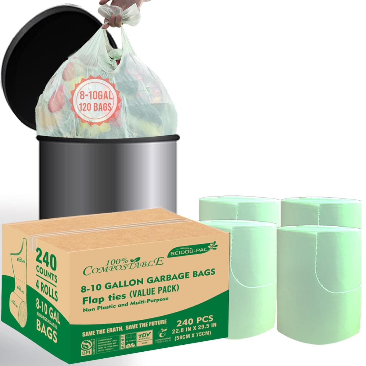BEIDOU-PAC 8-10 Gallon Flap Tie Compostable Trash Bags, 240 Count, Compost Bags - Image 1
