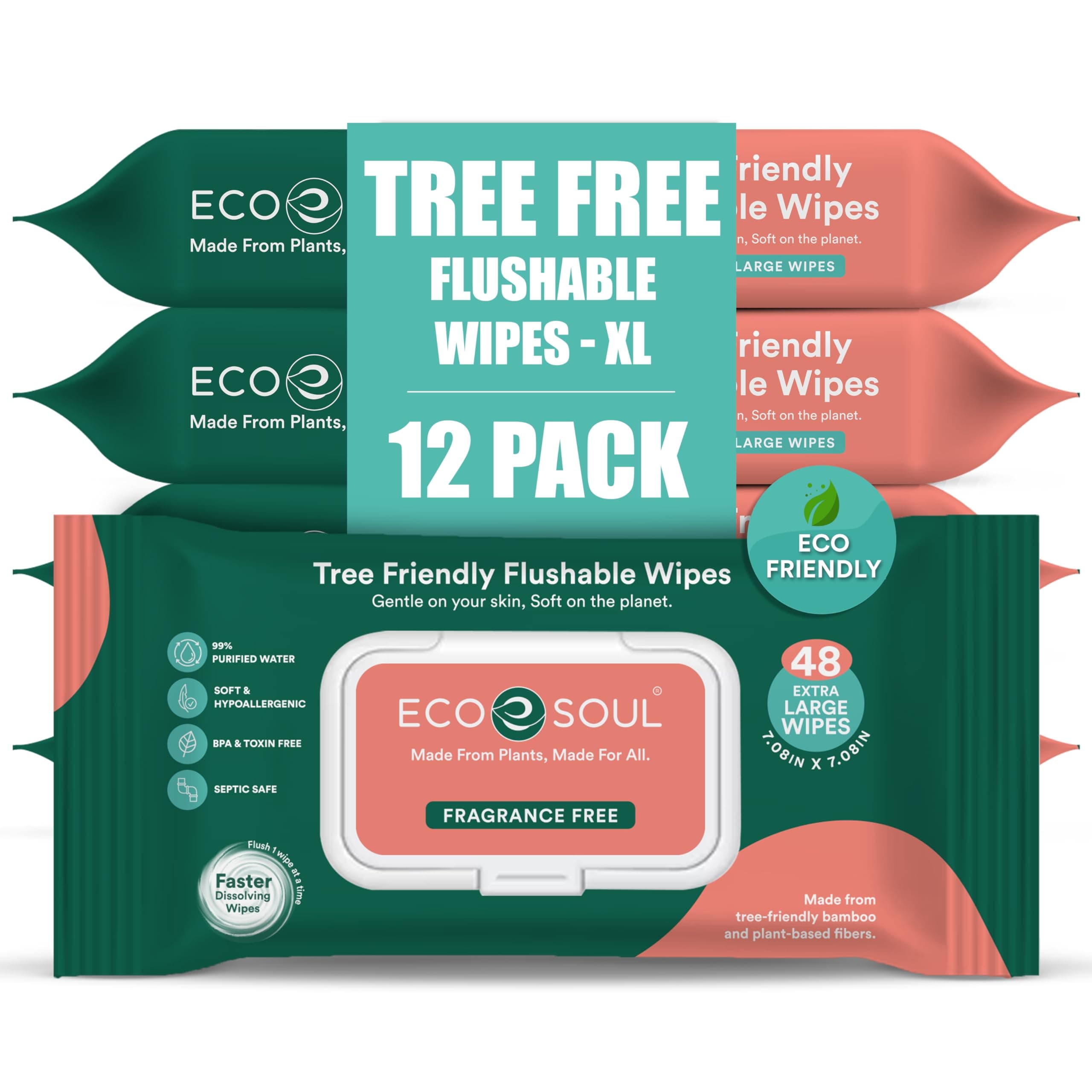 ECO SOUL Bamboo Flushable Adult Wipes 576 Count 12-Pack Unscented Septic-Safe - Image 1