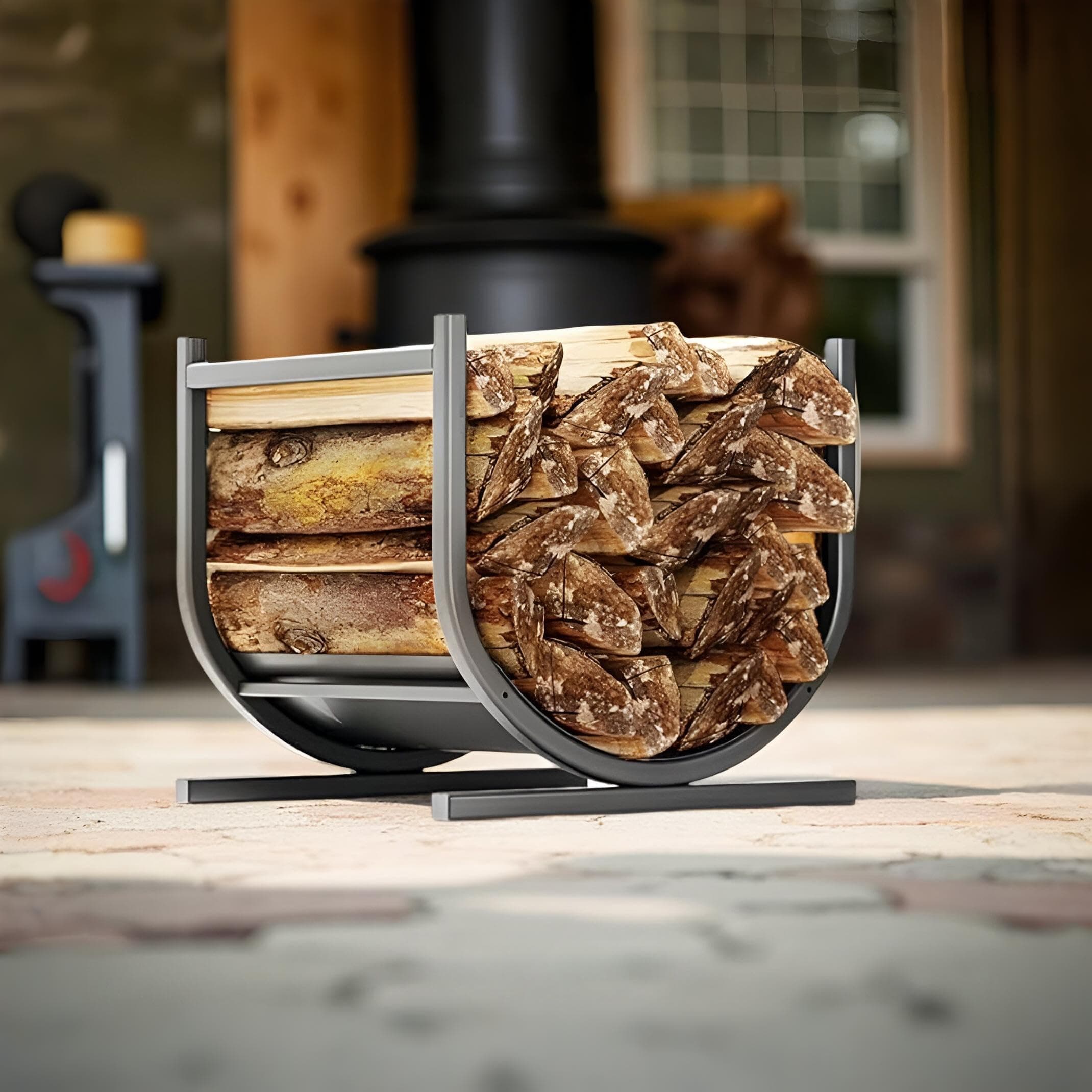 Idzo 17in Heavy Duty Firewood Log Rack Indoor Outdoor Black Decorative Wood Hold - Image 1