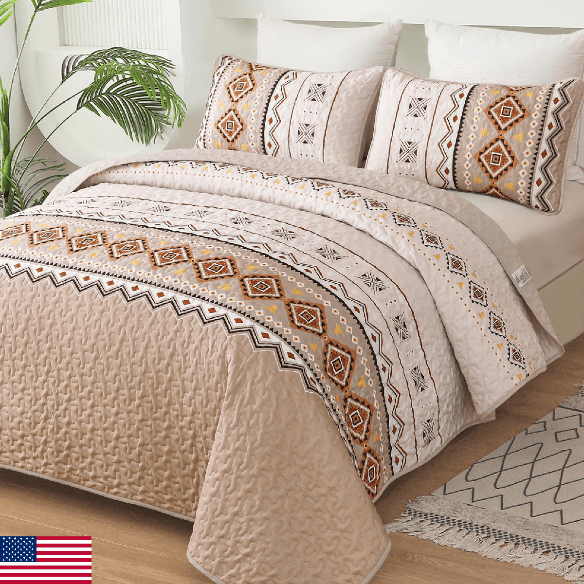 WONGS BEDDING King Boho Beige Geometry Quilt Set Bedspread Coverlet - Image 1