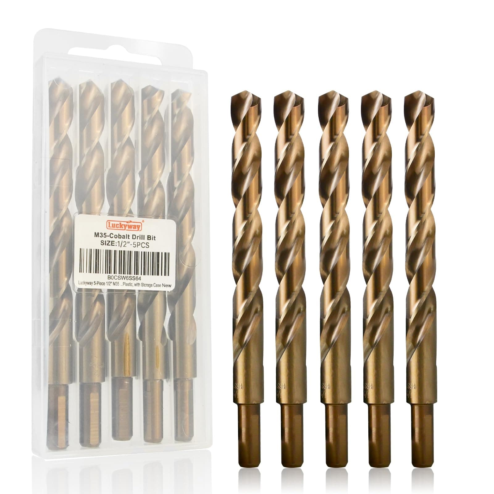 Luckyway 1/2" Cobalt Drill Bit (5 Pcs), Jobber Length Twist Drill Bit Set for Ha - Image 1