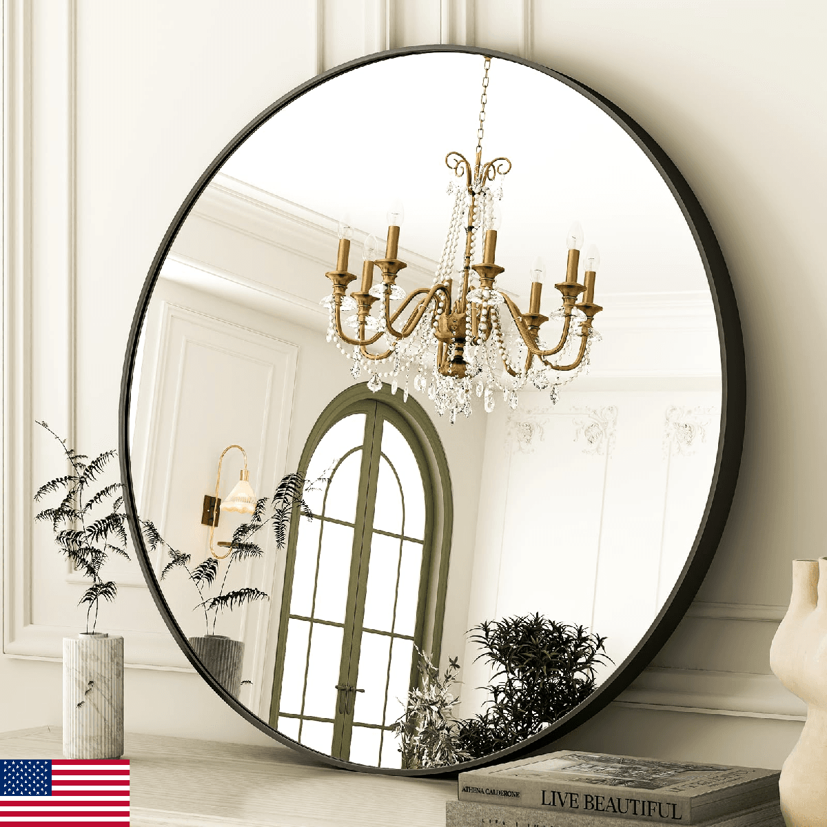 30" Round Black Wall Mounted Bathroom Mirror with Metal Frame - Image 1