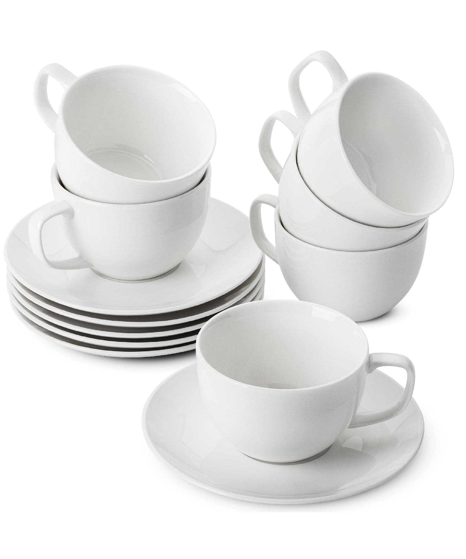 BTaT 6oz Porcelain Tea Cups & Saucers Set of 6, White - Espresso, Coffee - Image 1