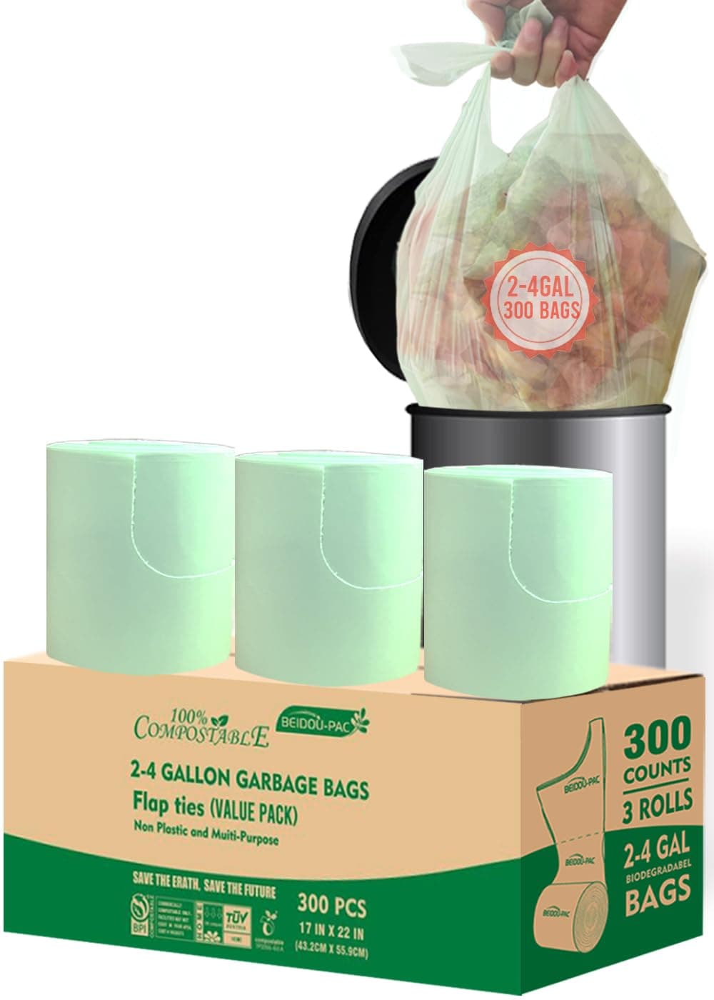 BEIDOU-PAC 3 Gallon Flap Tie Compostable Trash Bags, 300 Count Small Compost Bag - Image 1