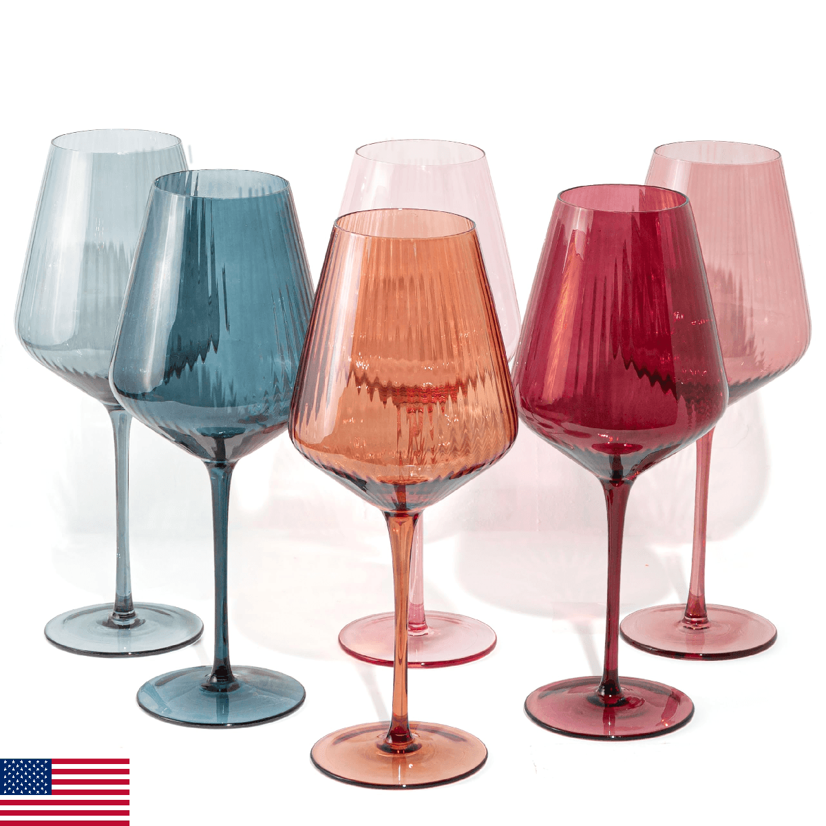 Crutello Modern Colored Wine Glasses 16 oz - Set of 6 Colorful Ribbed Glassware - Image 1