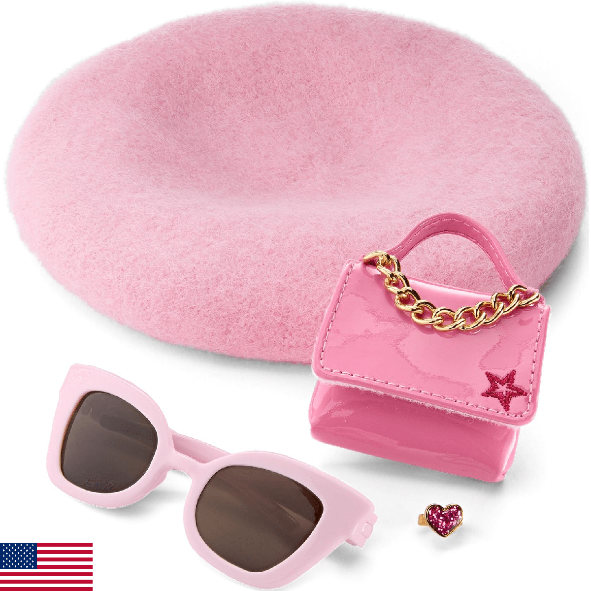 American Girl Truly Me 18" Doll Pink Chic Accessories: Purse, Beret, Sunglasses - Image 1