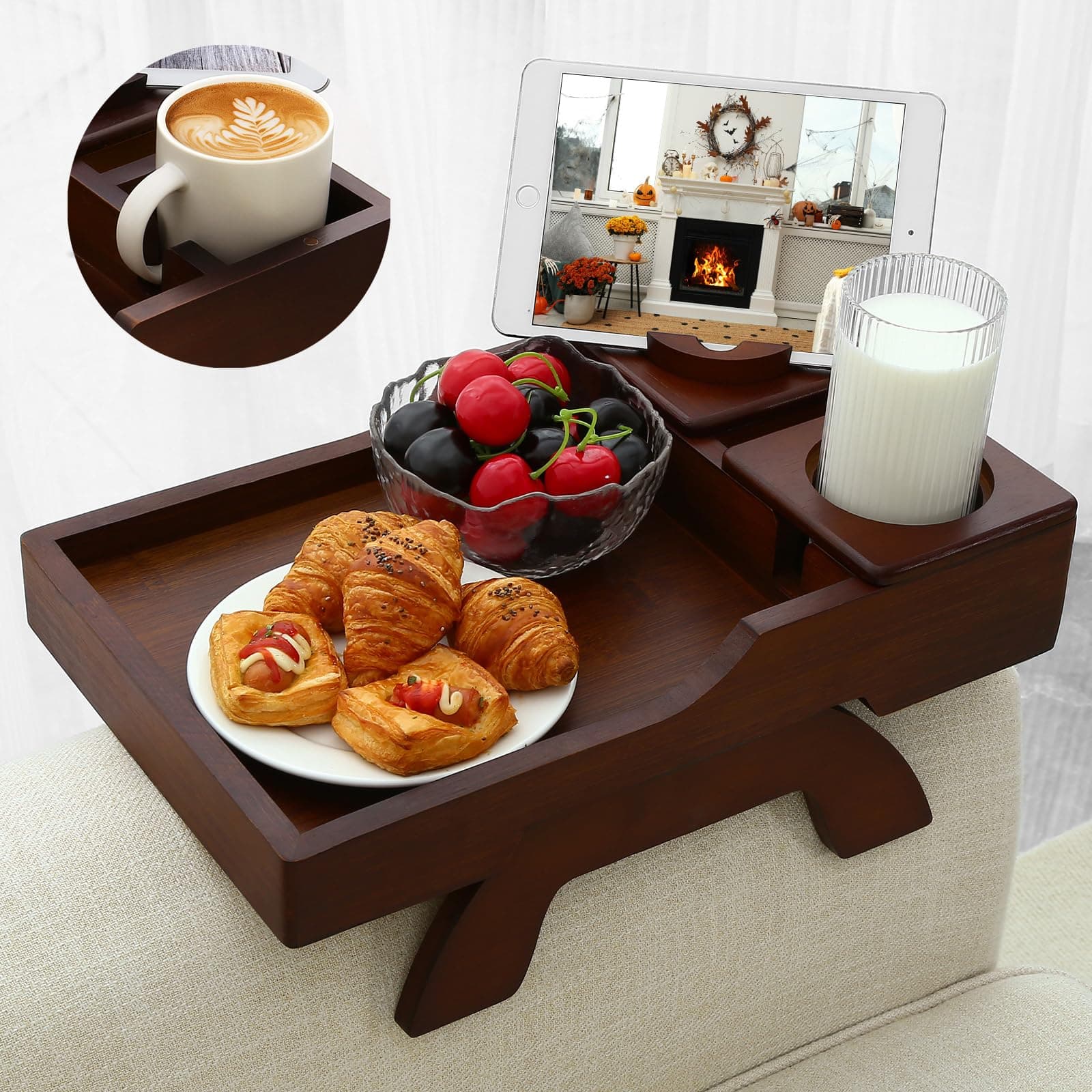 GHKINMAL Couch Cup Holder Tray 15.4"x9.9" Large 4 in 1 Armrest Table - Image 1