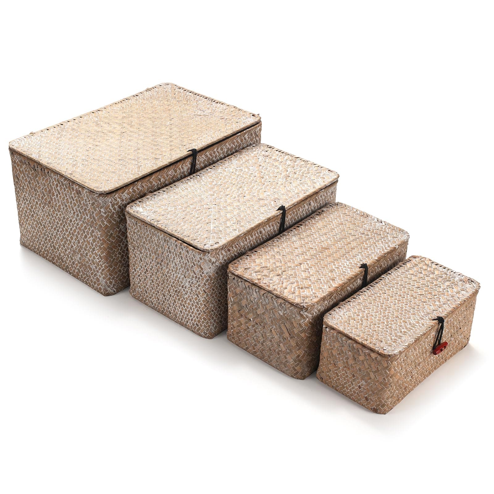 4 Pack, Wicker Baskets with Lids, Nautral Seagrass Storage Baskets, Wicker Stora - Image 1