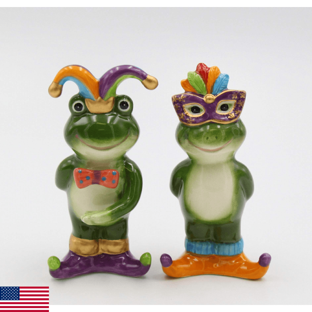 Fine Ceramic Mardi Gras Costume Frogs Couple Salt & Pepper Shakers Set, 4-7/8" H - Image 1