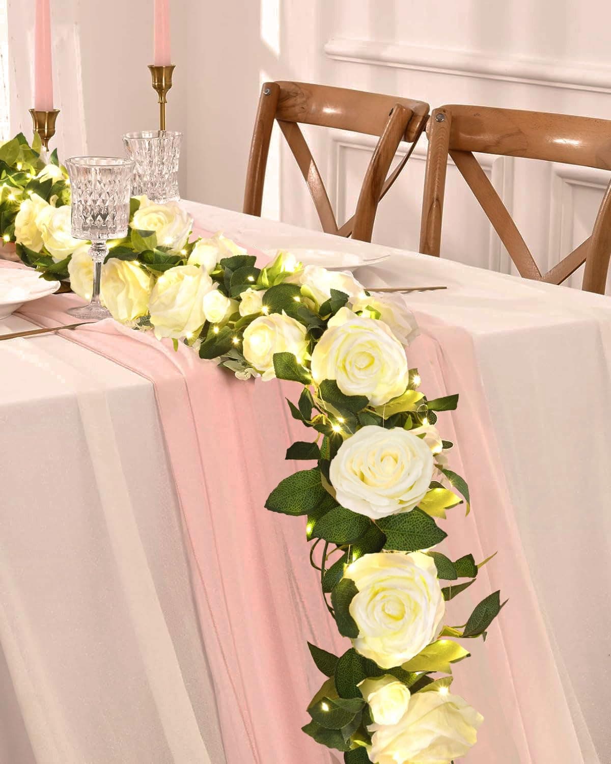 4 Pcs Flower Garland with 39.2 Ft Lights, 26.4 Ft White Floral Garland Fake Flow - Image 1