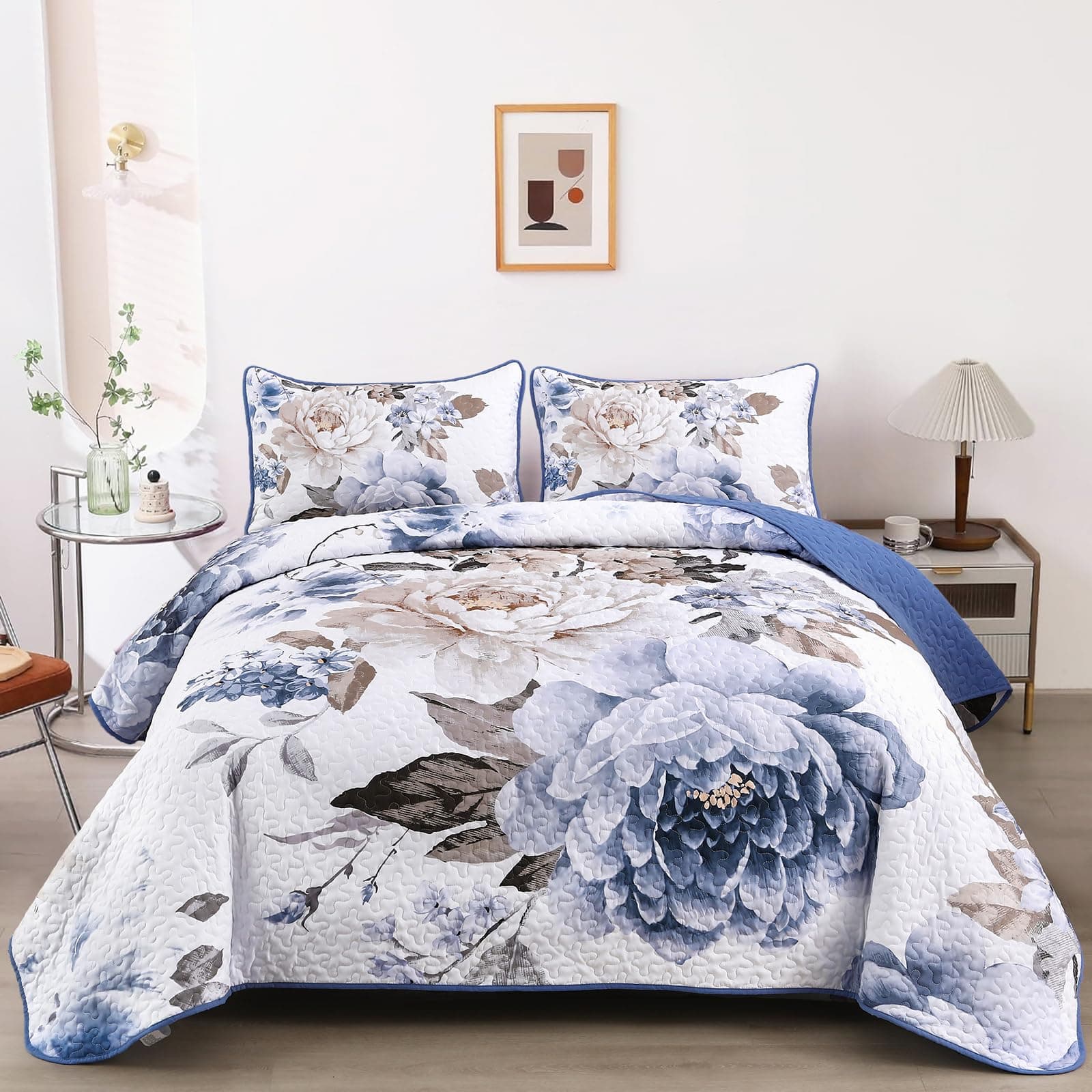 WONGS BEDDING Floral Quilt Set 3 Pieces Blue Quilted Printed Bedspreads Bedding - Image 1