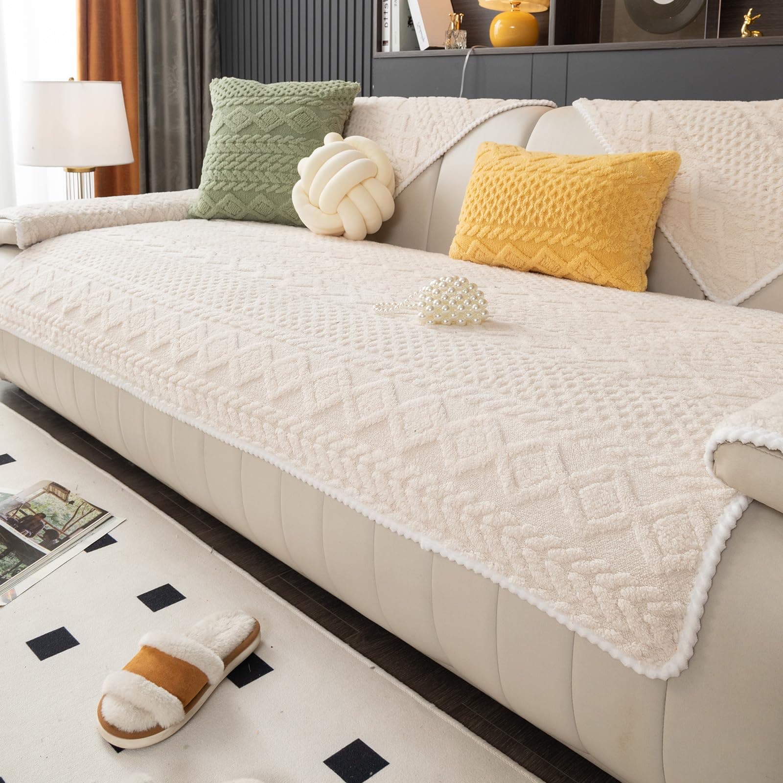 MDSASFD Geometric Jacquard Plush Warm Sofa Couch Cover Soft Funny Fuzzy Couch Co - Image 1