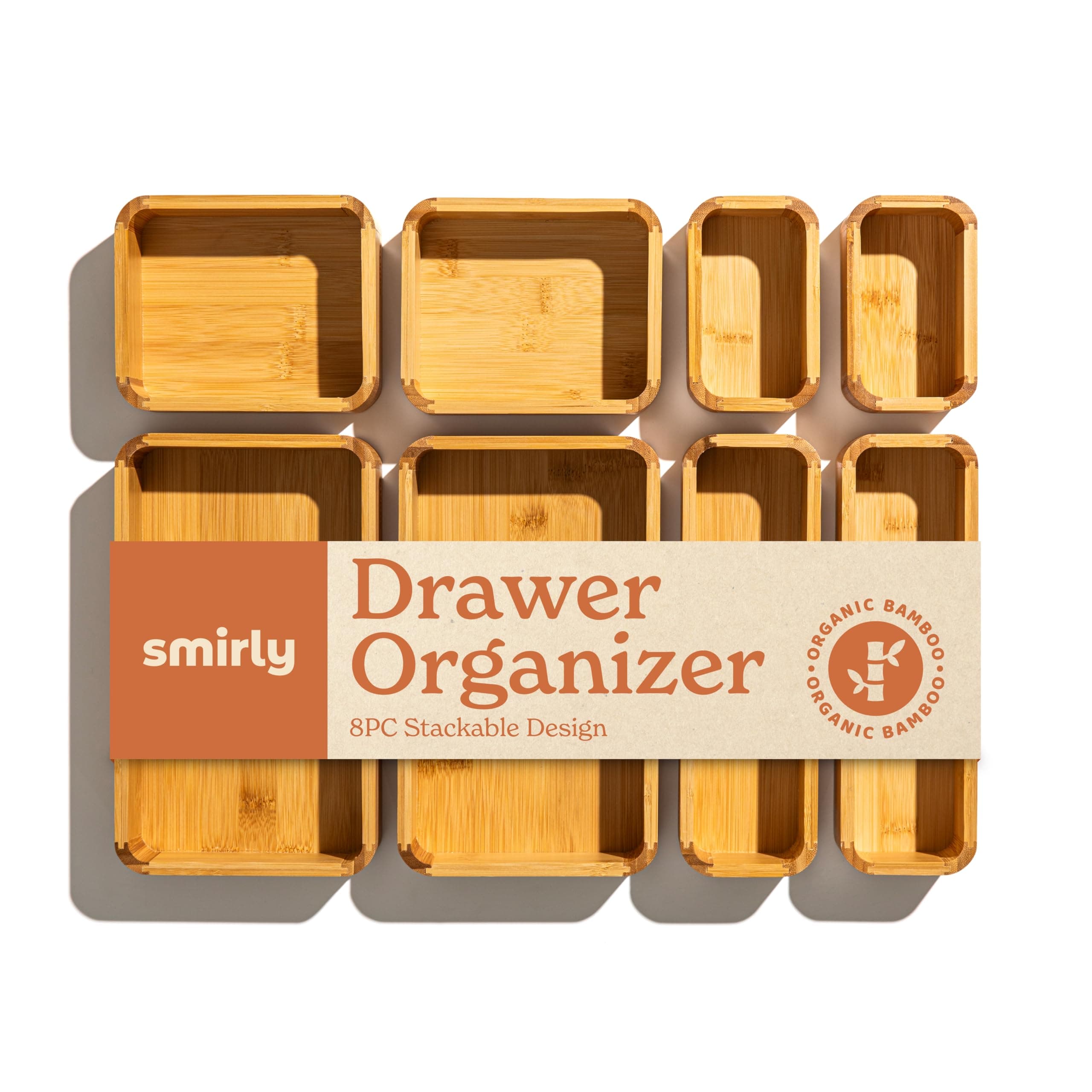 SMIRLY 8-Pc Bamboo Kitchen Drawer Organizer Set for Utensils & Desk - Image 1