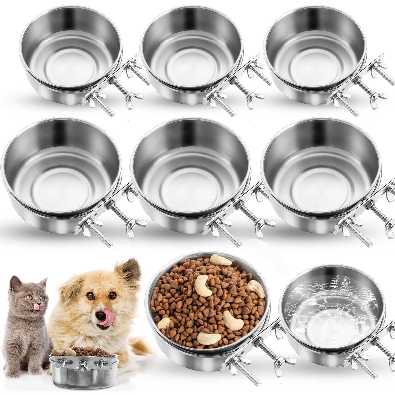 8 Pcs Stainless Steel Hanging Dog Cat Pet Crate Bowls Food Water Dish Spill-Proo - Image 1