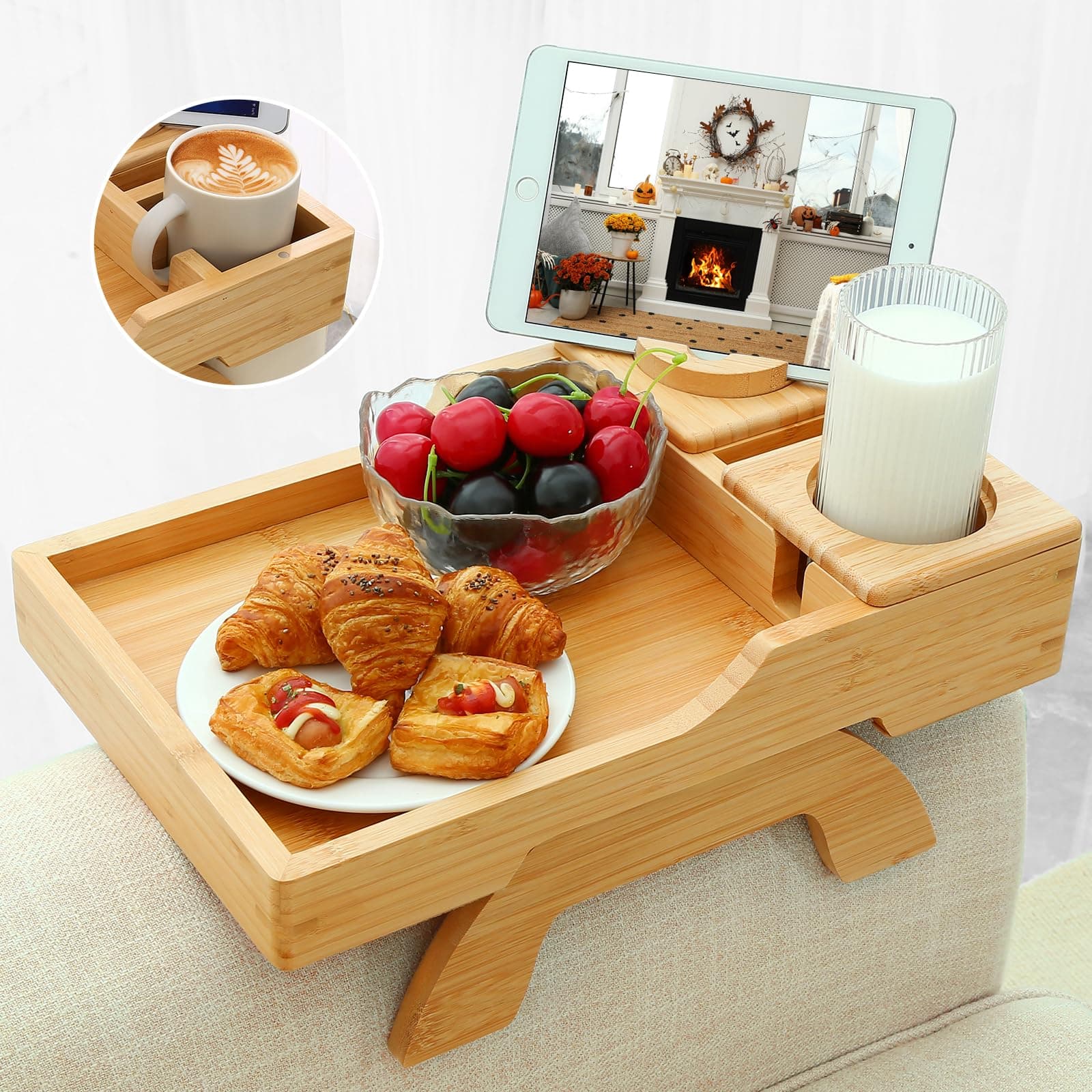 GHKINMAL Bamboo Couch Cup Holder, 4-in-1 Sofa Arm Tray w/ 360° Phone Holder - Image 1
