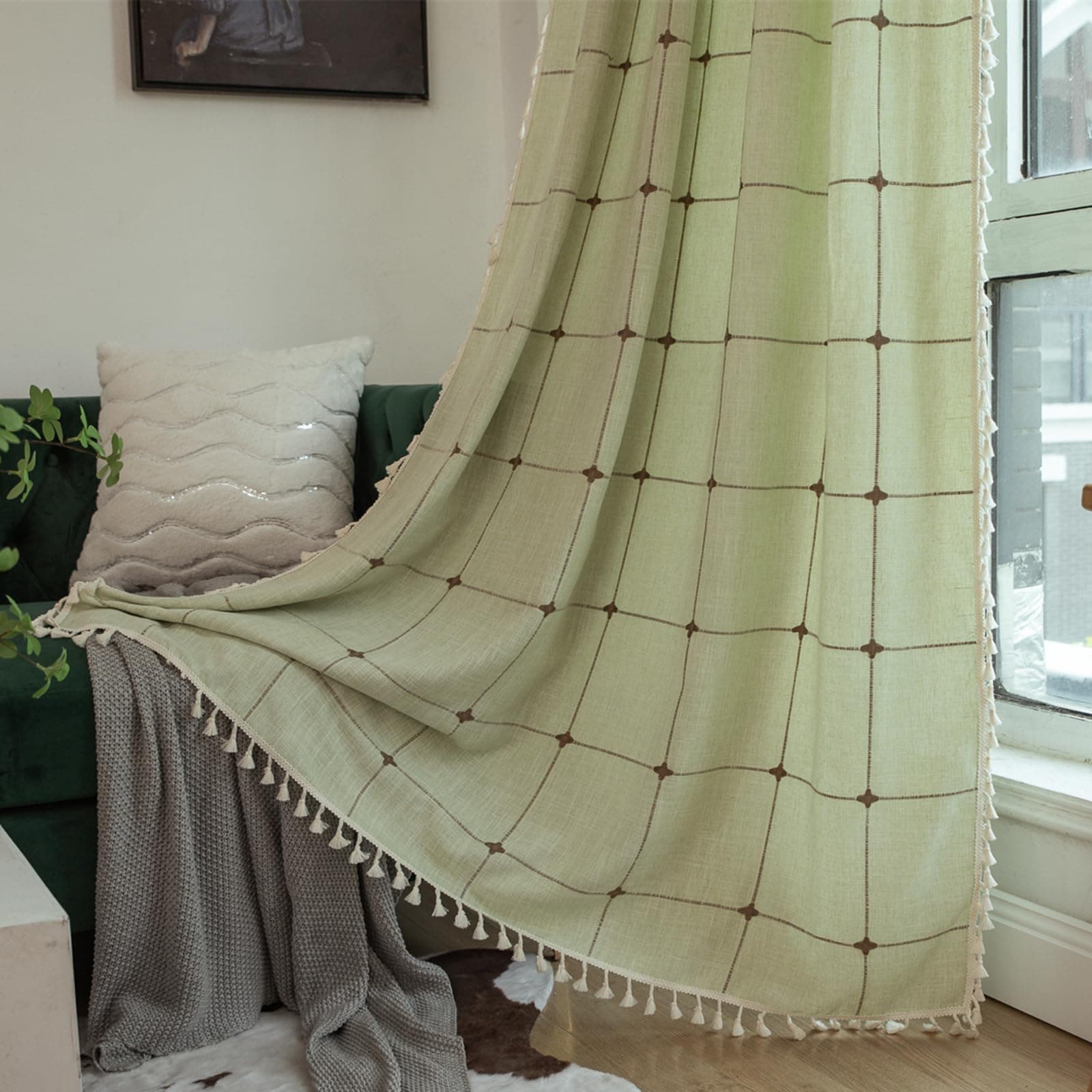 Deeprove Green Boho Curtains 84" Long, Sage Checkered Bohemian Bedroom - Image 1