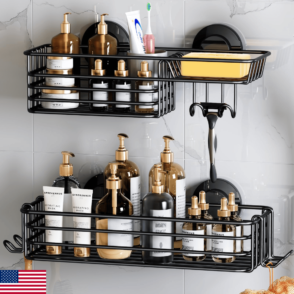 LEVERLOC Shower Caddy Suction Cup 2-Pack, Bathroom Organizer, Rustproof Metal - Image 1